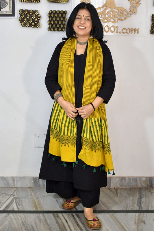 Beautiful Hand Block Printed Ajrakh Modal Silk stole with Tassels