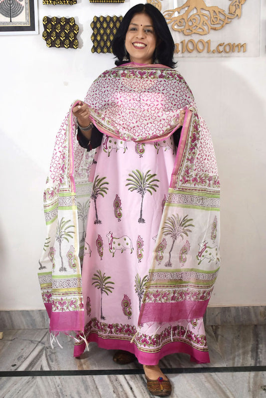 Designer Hand Block Print Cotton suit with Chanderi dupatta
