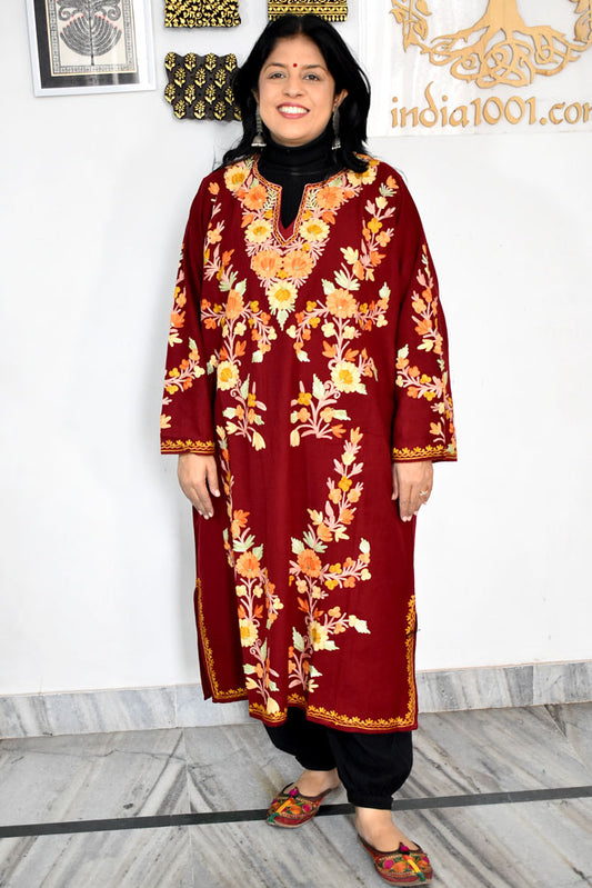 Kashmiri Wool Aari Embroidered Solid Women's Pheran Kurta - Free Size ( for size 38- 48)