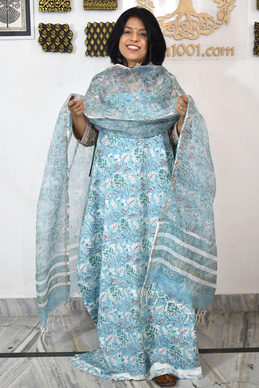 Beautiful Hand Block Printed Cotton unstitched suit fabric with Kota Doria Dupatta