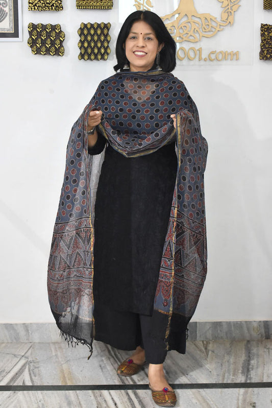 Beautiful  Ajrakh Hand Block Printed Kota Dupatta