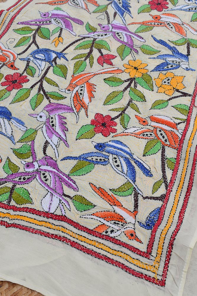 Elegant Hand Embroidered Kantha work Tussar Silk Stole