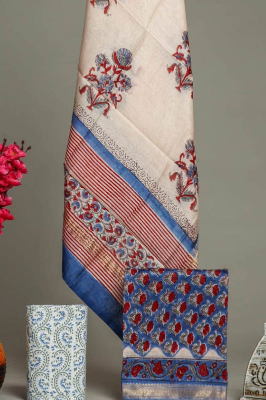 Elegant Sanganer Hand Block Printed Maheshwari Unstitched suit fabric - 3 pc set