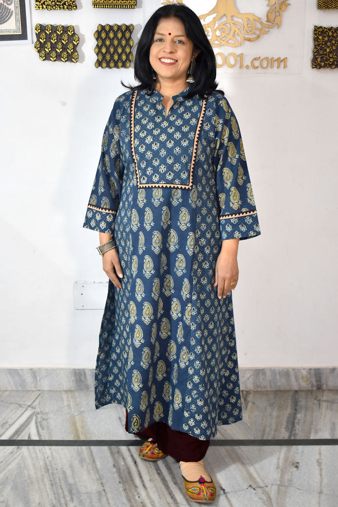 Designer Hand Block Printed Ajrakh cotton Kurta / Dress - Size 38 to 48 ( all sizes)