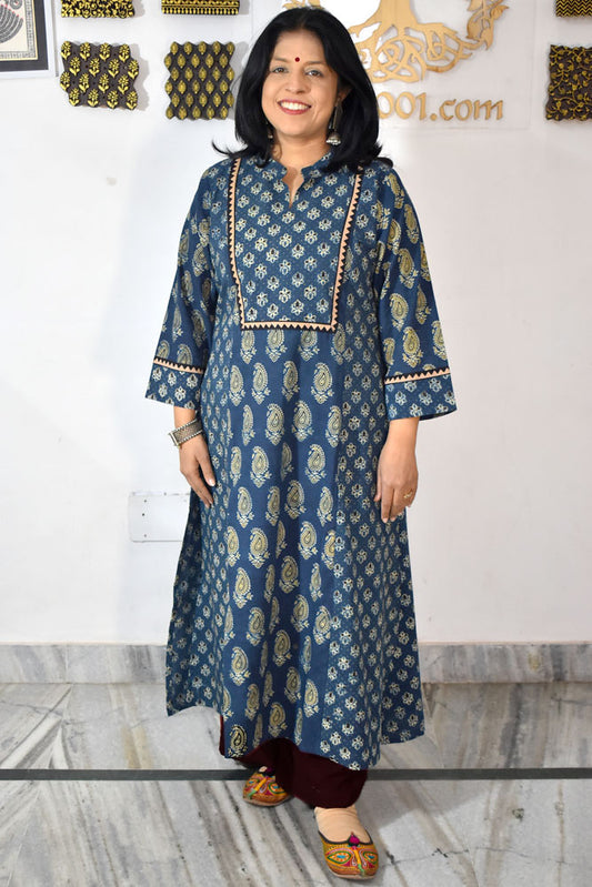 Designer Hand Block Printed Ajrakh cotton Kurta / Dress - Size 38 to 48 ( all sizes)