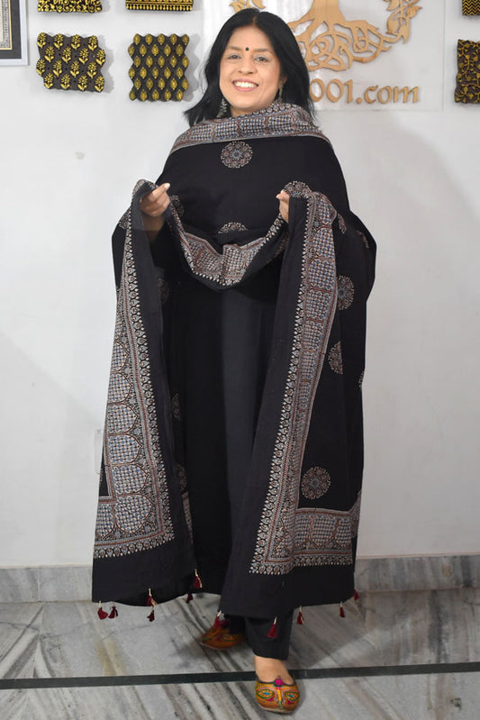 Ajrakh Hand Block Printed Cotton Dupatta with Tassels & natural dyes