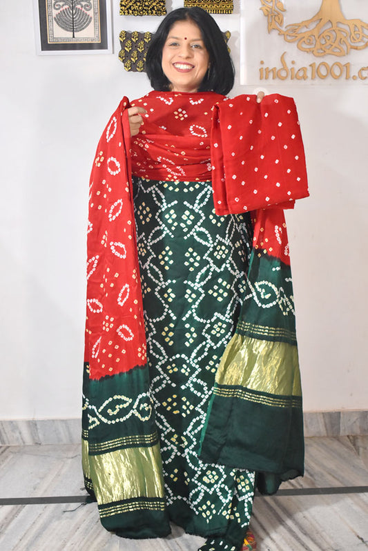 Tie & Dye Kutch Bandhani modal silk Unstitched Suit with Bandhani Bottom