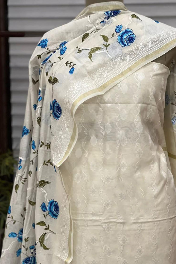Beautiful embroidered Banarasi Slub Cotton Chanderi suit