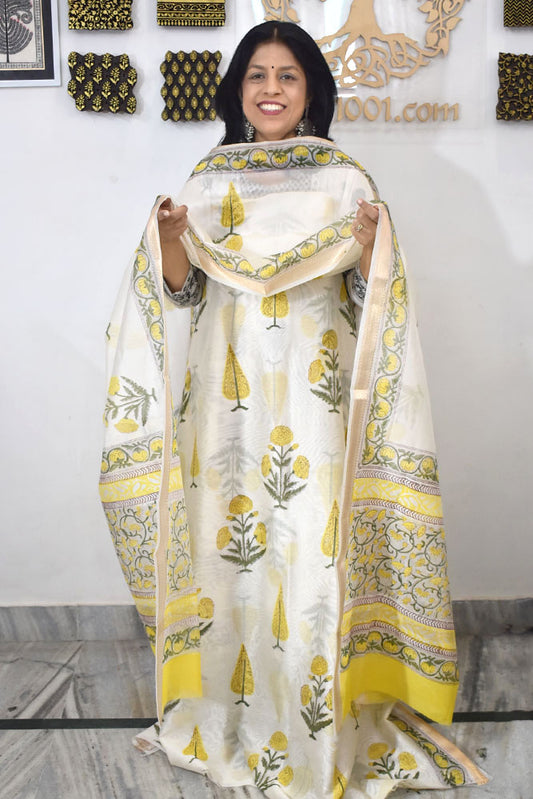 Beautiful Hand Block Printed Maheshwari Silk Cotton Unstitched suit fabric - 3 pc set