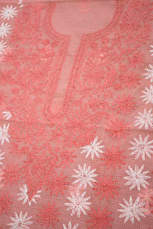 Designer Hand Embroidered Chikankari Tepchi work Kota Doria fabric - (3 - 3.1 mtrs )