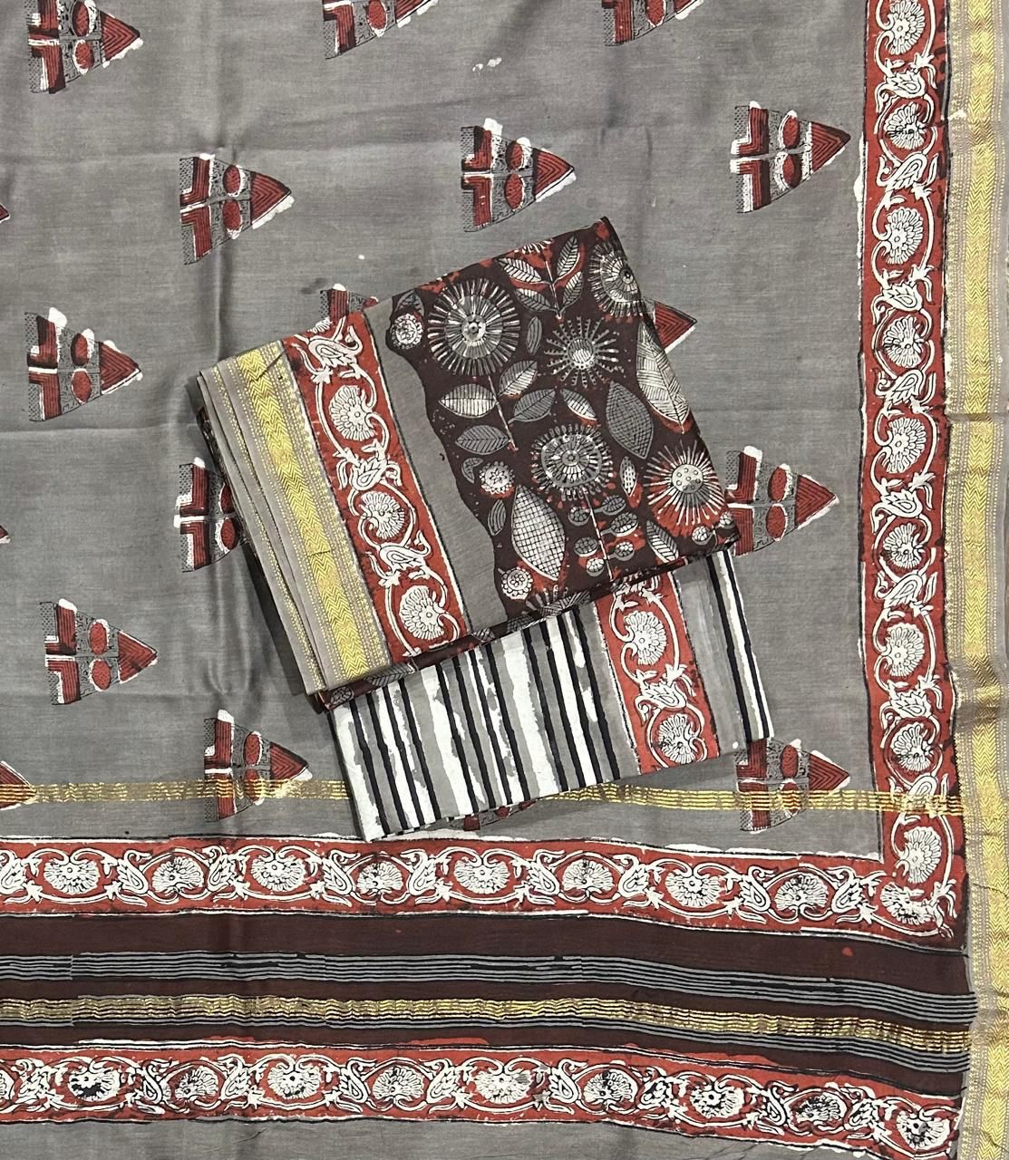 Black and Beige Jahota Hand Block Printed Modal Silk Dress Material main image 0