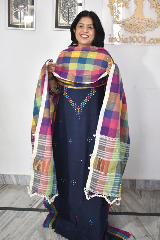 Premium Handwoven Kala Cotton Bhujodi suits with Mirror and Miri work - 3 pc set