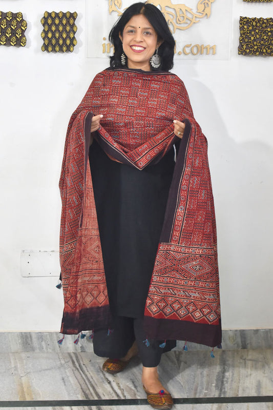 Ajrakh Hand Block Printed Khadi Cotton Dupatta with Tassels & natural dyes