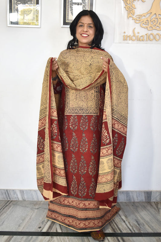 Bagh Hand Block Printed unstitched 3 pc Cotton suit fabric with Placement block print from MP