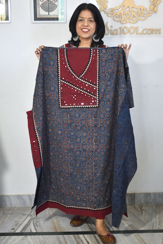 Designer Ajrakh Cotton Kurta Fabric with Kutch Mirror Work patch
