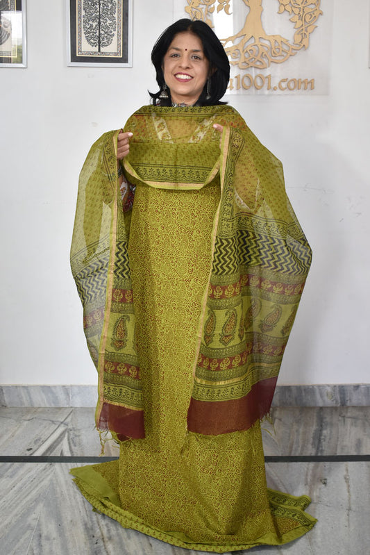 Classic Bagh Block Printed unstitched suit fabric with Kota Doria dupatta