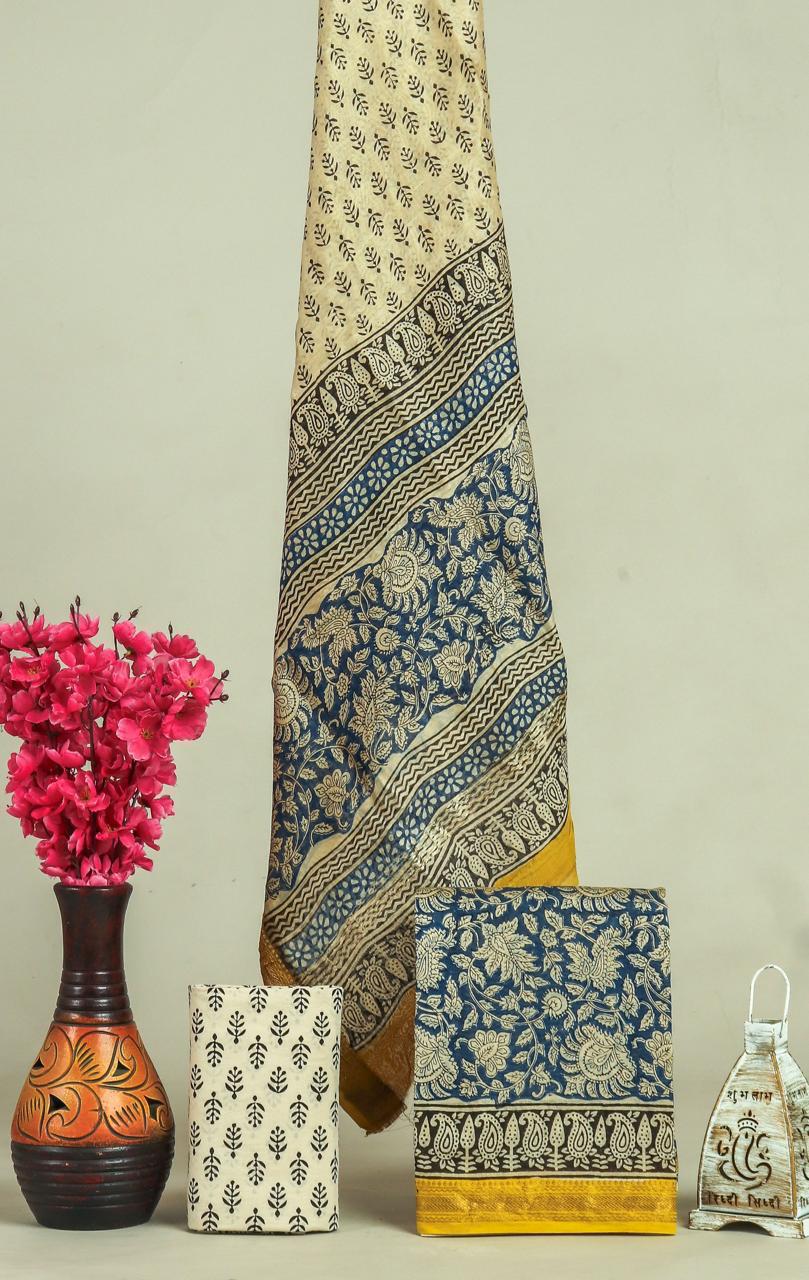 Beautiful Hand Block Printed  Maheshwari Silk Cotton Unstitched suit fabric - 3 pc set