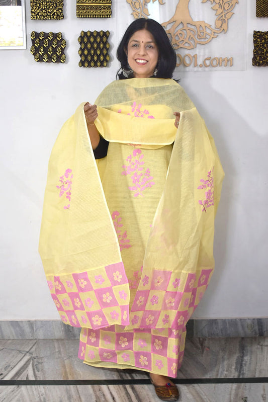 Elegant Kota Unstitched Kurta & Dupatta set with Hand done Phool patti work and Applique border