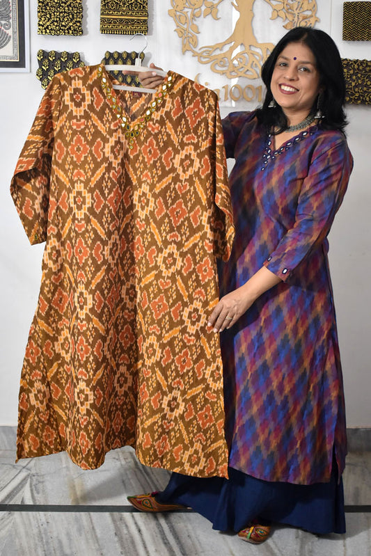 Designer Handwoven Ikkat pure cotton Kurta With Kutch Mirror Work - Size 36 to 46 ( all sizes)