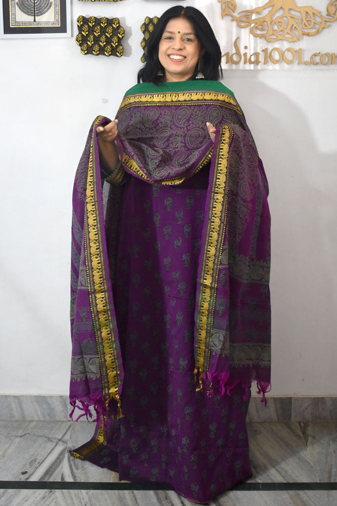 Beautiful Handwoven Chettinad & Narayanpet Cotton suit with Hand block print Dupatta