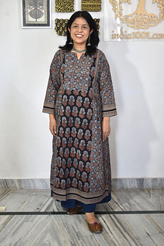 Designer Hand Block Printed Ajrakh cotton Kurta / Dress - Size 38 to 46 ( all sizes)