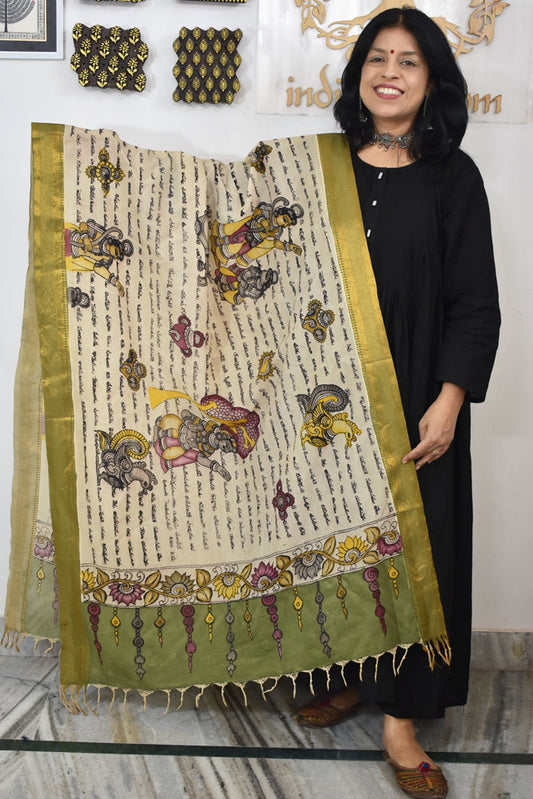 Beautiful Bangalore Cotton Silk Hand Painted Kalamkari Dupatta