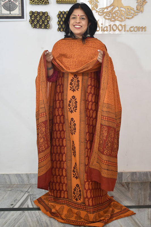 Bagh Hand Block Printed unstitched 3 pc Cotton suit fabric with Placement block print from MP
