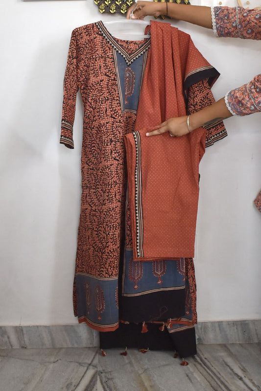 Ajrakh Hand Block Printed stitched 3 pc Cotton suit - 38 size