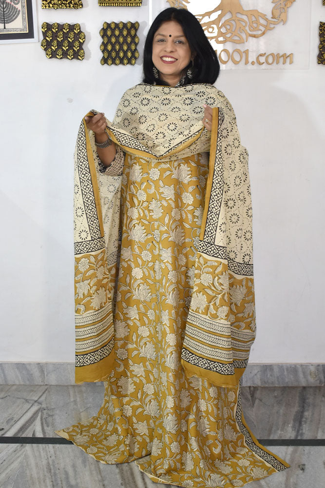 Elegant Bagru Block Printed unstitched suit fabric with Cotton dupatta
