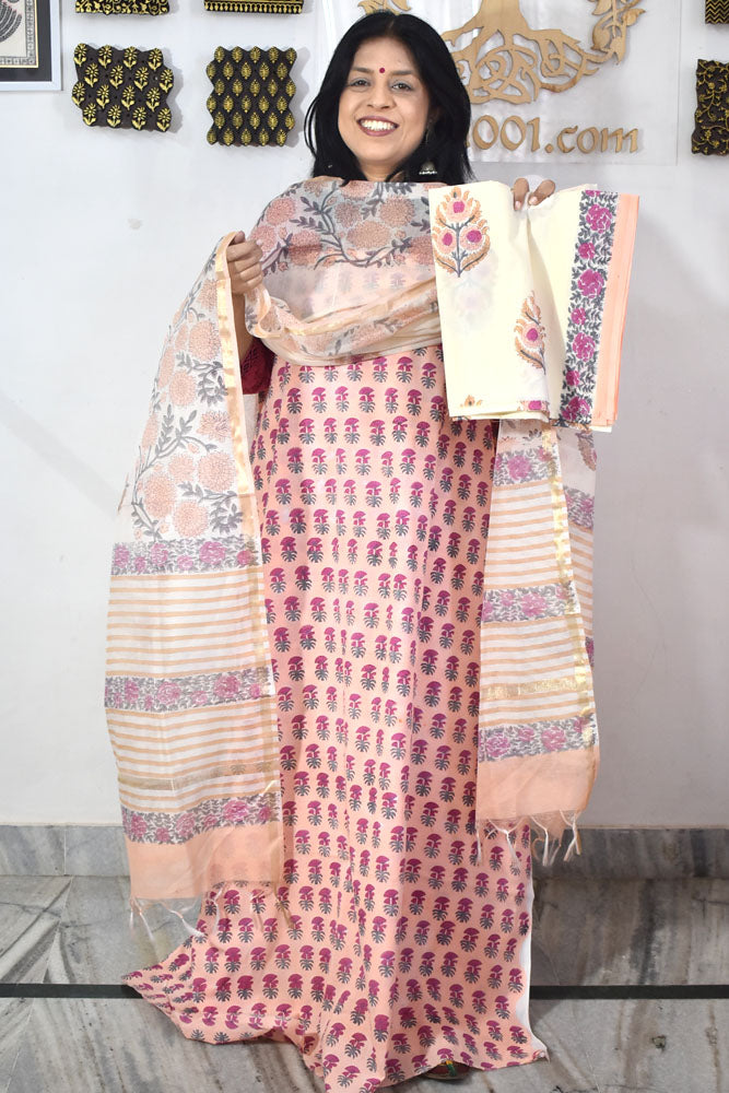 Designer Hand Block Print Cotton suit with Chanderi dupatta