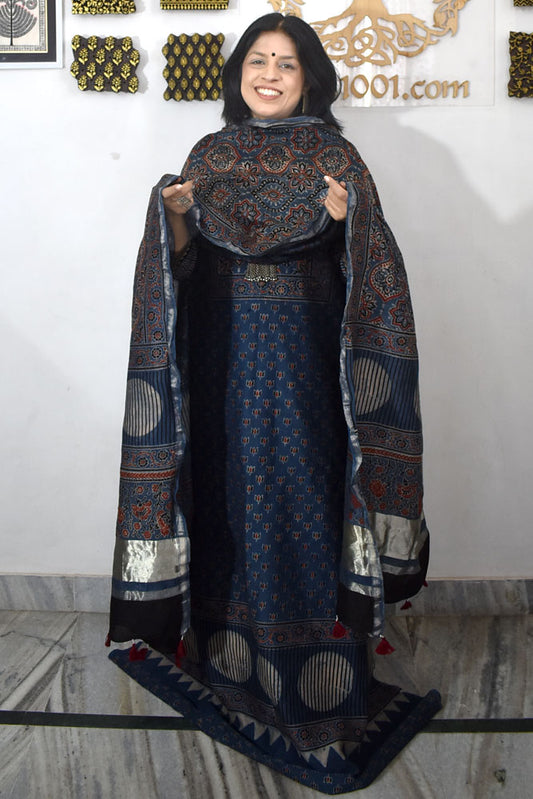 Beautiful Hand Block printed Ajrakh Chanderi Kurta and Lagdi patta dupatta set