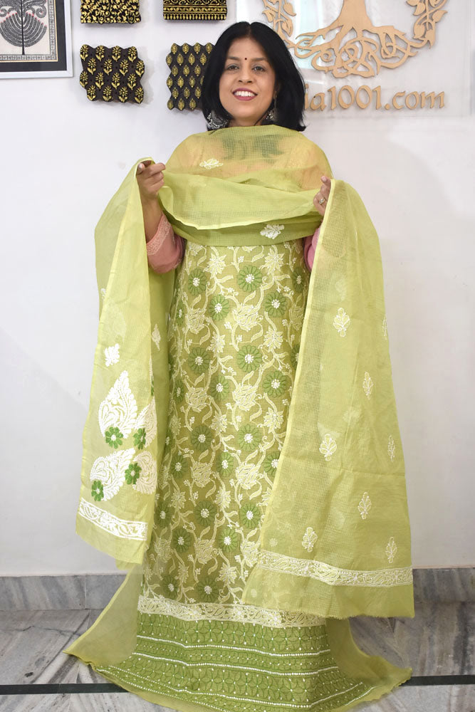 Elegant Lucknowi Chikankari Hand Embroidery work Kurta Fabric and dupatta set - 2 pc set
