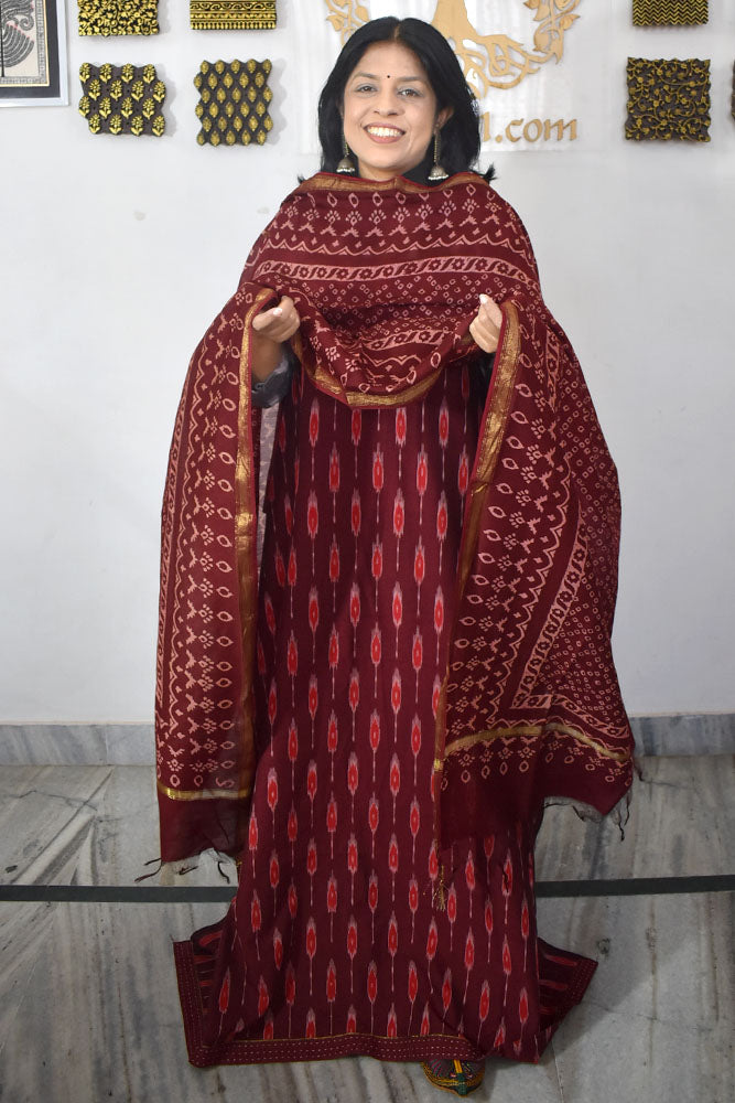 Handwoven Pochampally Cotton kurta with Chanderi Dupatta & Cotton Bottom - 3 pc set