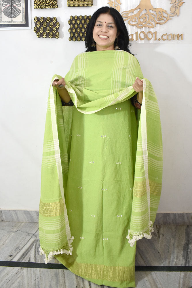 Premium Handwoven Kala Cotton Bhujodi suits with Mirror Work - 3 pc set