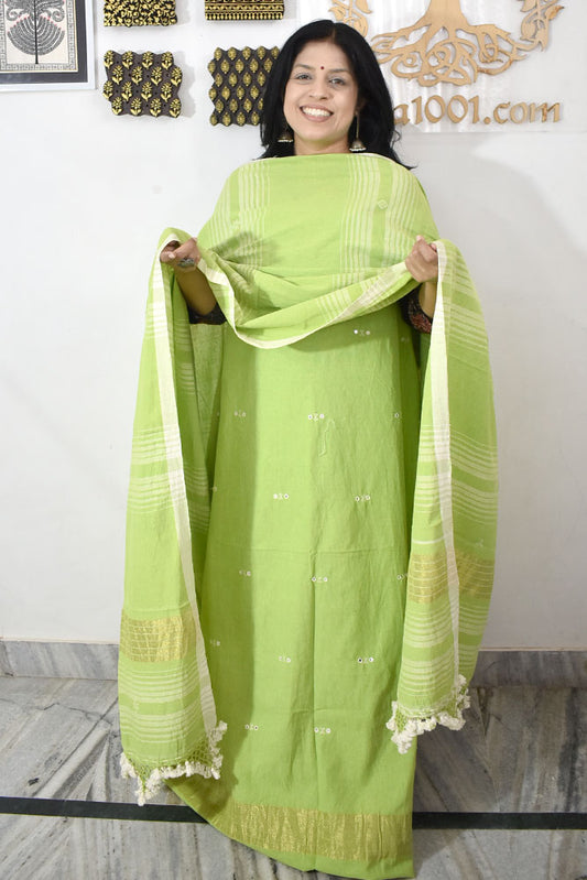 Premium Handwoven Kala Cotton Bhujodi suits with Mirror Work - 3 pc set