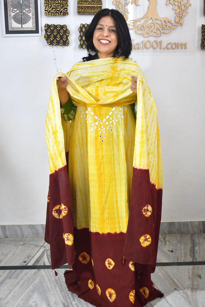 Tie & Dye Shibori & Bandhani cotton Unstitched Suit with Kutch Mirror work