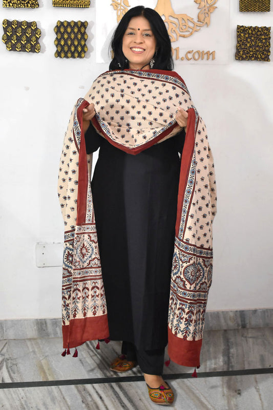 Ajrakh Hand Block Printed Cotton Dupatta with Tassels & natural dyes