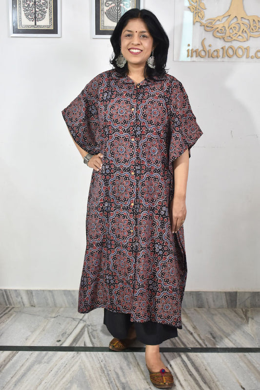 Beautiful Hand Block Printed Ajrakh Kaftan, Can fit till size 48
