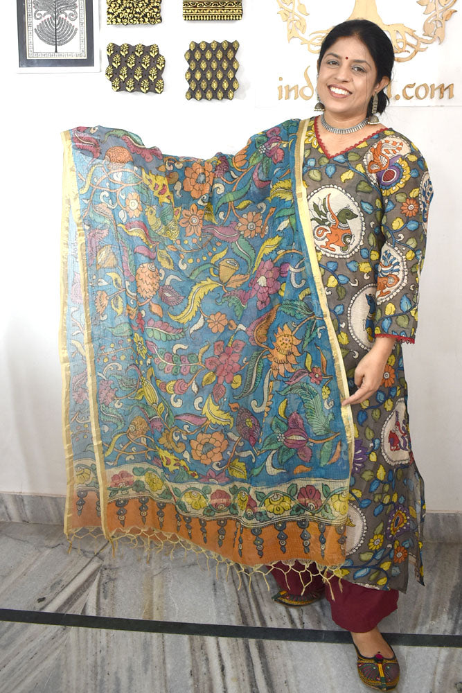 Beautiful  Kota Cotton Hand Painted Kalamkari Dupatta