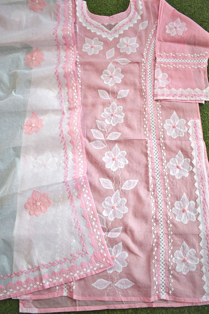 Semi Stitched Organdy Kurta & Dupatta set with Hand done Heavy Phool patti work