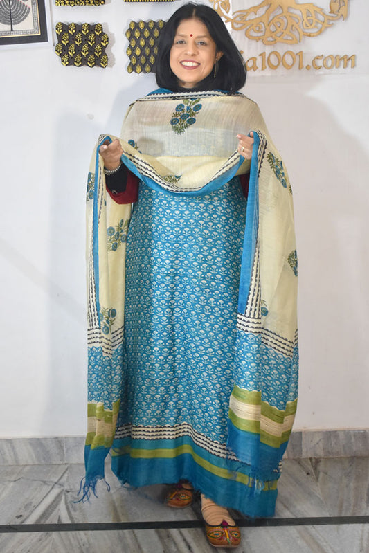 Beautiful Hand Block printed Tussar Pashmina Kurta Dupatta Set