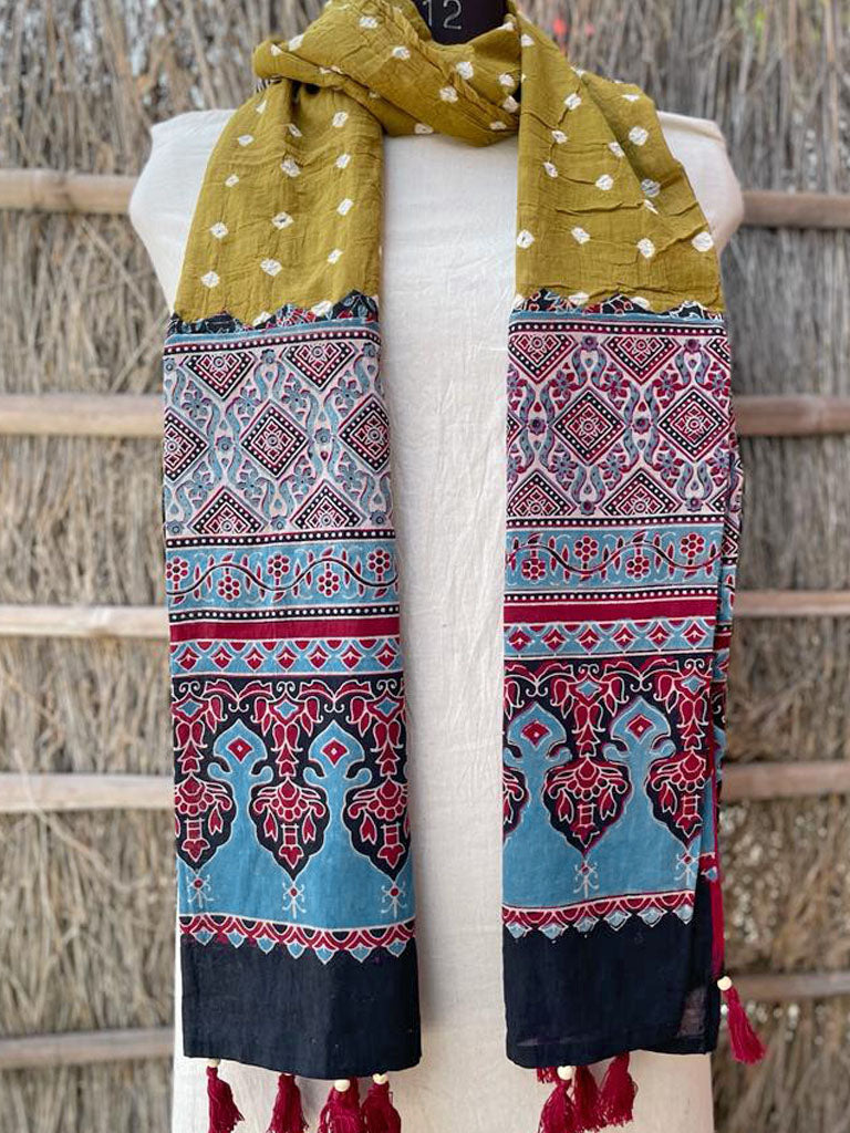 Beautiful Ajrakh Bandhani Mul Cotton Stole