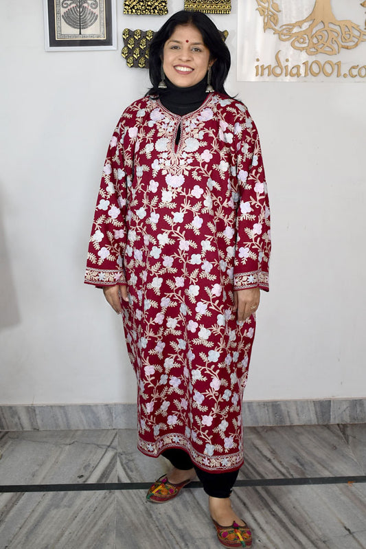 Kashmiri Wool Aari Embroidered Solid Women's Pheran Kurta -  NO.15