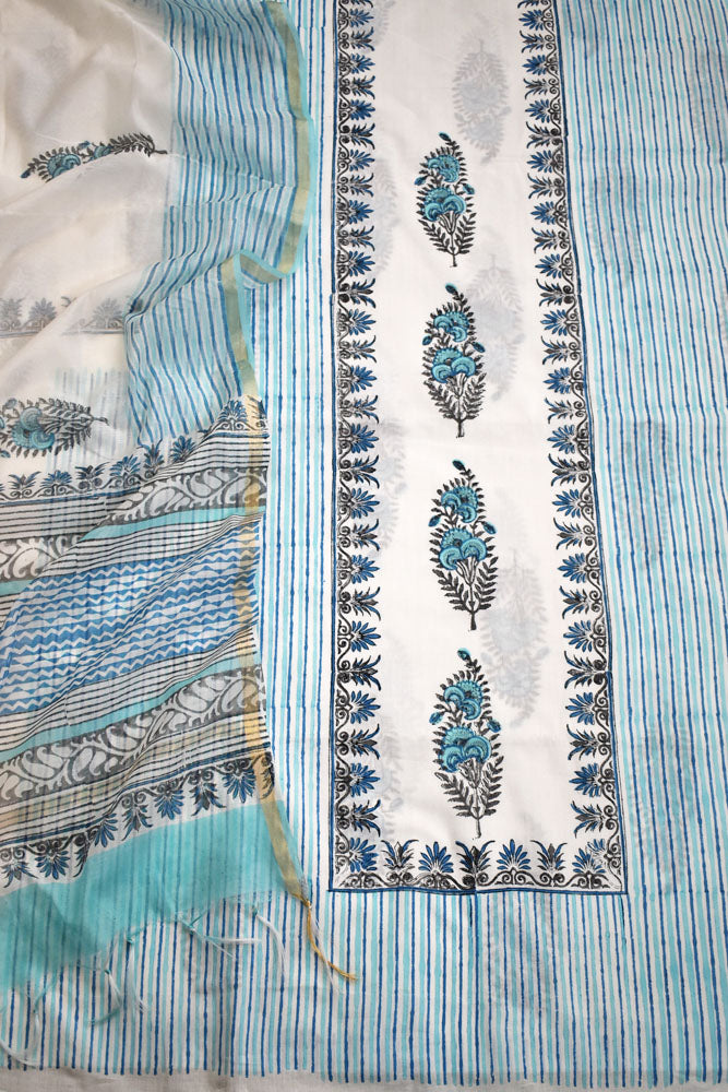 Designer Hand Block Placement Print Cotton suit with Chanderi dupatta