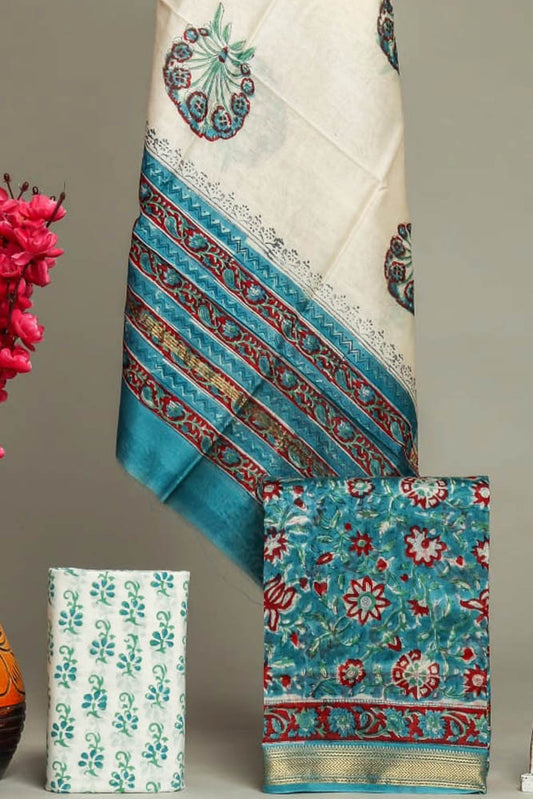 Elegant Sanganer Hand Block Printed Maheshwari Unstitched suit fabric - 3 pc set