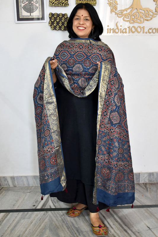 Beautiful Ajrakh Dola Silk Hand Block Print  Dupatta with Tassels