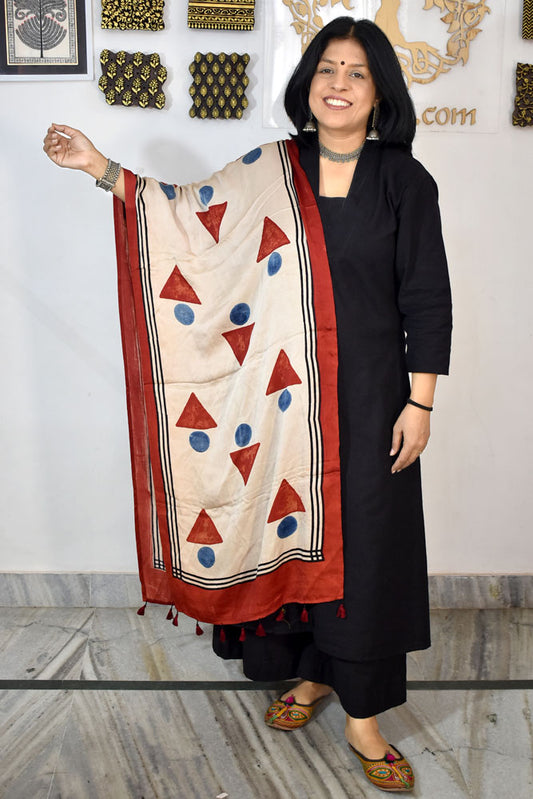 Beautiful Hand Block Printed Ajrakh Modal Silk stole with Tassels