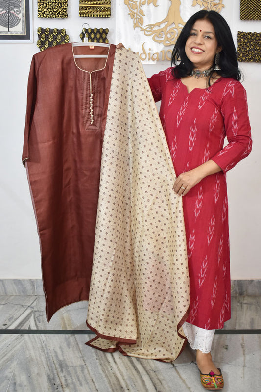 Semi Stitched Block Printed Tussar Silk Dupatta  & Tussar Kurta Fabric