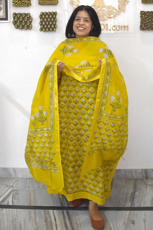 Elegant Hand Block print cotton suit with Schiffli work & Chanderi dupatta