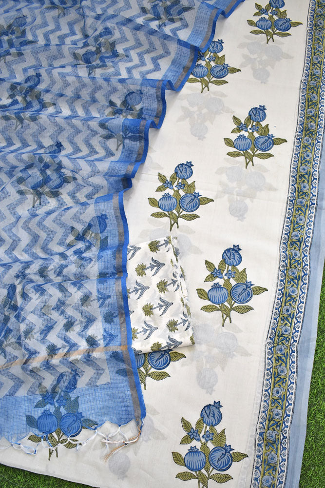 Designer Hand Block Print Cotton suit with Kota dupatta